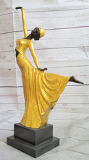 Chiparus Arabesque Dancer Gold Patina Bronze Sculpture Statue Art Deco Figure on Marble Base