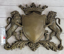 Coat of Arms Family Crest Lions Crown Bronze Wall Mounted Hanging Sculpture 13" x 16"