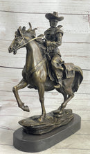 Miniature Bronze Cowboy on Horseback Statue Sculpture Figure Marble Base 14" x 7"