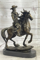 Miniature Bronze Cowboy on Horseback Statue Sculpture Figure Marble Base 14" x 7"