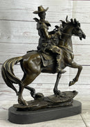 Miniature Bronze Cowboy on Horseback Statue Sculpture Figure Marble Base 14" x 7"