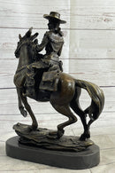 Miniature Bronze Cowboy on Horseback Statue Sculpture Figure Marble Base 14" x 7"