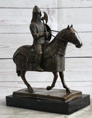 Medieval European Warrior Knight on Horseback Bronze Sculpture Statue on Marble Base