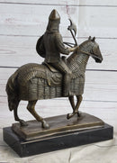 Medieval European Warrior Knight on Horseback Bronze Sculpture Statue on Marble Base