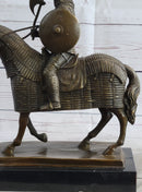 Medieval European Warrior Knight on Horseback Bronze Sculpture Statue on Marble Base