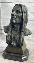 Native American Indian Old Man Weathered Face Bronze Sculpture Statue Bust on Marble Base