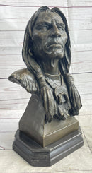 Native American Indian Old Man Weathered Face Bronze Sculpture Statue Bust on Marble Base