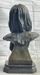 Native American Indian Old Man Weathered Face Bronze Sculpture Statue Bust on Marble Base