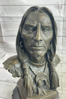Native American Indian Old Man Weathered Face Bronze Sculpture Statue Bust on Marble Base