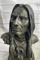 Native American Indian Old Man Weathered Face Bronze Sculpture Statue Bust on Marble Base