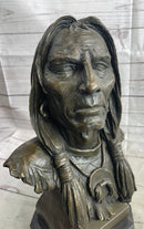 Native American Indian Old Man Weathered Face Bronze Sculpture Statue Bust on Marble Base