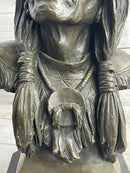 Native American Indian Old Man Weathered Face Bronze Sculpture Statue Bust on Marble Base