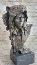 Native American Indian Chief Warrior in Bear Headdress Bonnet - Bronze Sculpture by Milo