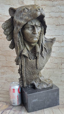 Native American Indian Chief Warrior in Bear Headdress Bonnet - Bronze Sculpture by Milo