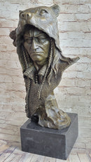 Native American Indian Chief Warrior in Bear Headdress Bonnet - Bronze Sculpture by Milo