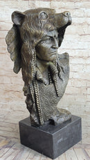 Native American Indian Chief Warrior in Bear Headdress Bonnet - Bronze Sculpture by Milo