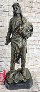 Indian Chief With Shield & Gun Full Headdress Native American Bronze Statue 22''