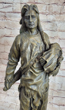 Indian Chief With Shield & Gun Full Headdress Native American Bronze Statue 22''