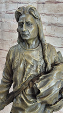 Indian Chief With Shield & Gun Full Headdress Native American Bronze Statue 22''