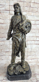 Indian Chief With Shield & Gun Full Headdress Native American Bronze Statue 22''