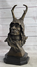 Native American Indian Shaman Man in Antler Headdress Bronze Sculpture Statue on Marble Base