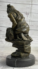 Native American Indian Warrior Squatting on Rock Bronze Sculpture Statue Marble Base