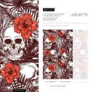 Gothic Wallpaper with Skulls and Hibiscus Flowers in Brown and Red - A445