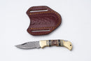 Brass & Bone Damascus Folding Knife with Leather Sheath - TF-099