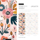 Floral Wallpaper with Folk Art Motifs in Pink, Yellow, and Teal - B303