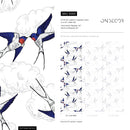 Chinoiserie Wallpaper featuring Flying Swallows in Blue, Red, and Black - B369