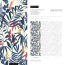 Botanical Wallpaper with Tropical Leaves and Flowers in Blue, Red, and Yellow - B414