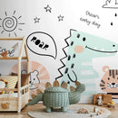 Animal Wallpaper with Doodle Style Dinosaur and Friends in Mint Green, Peach, and Black - B723