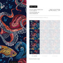 Coastal Wallpaper with an Embroidered Octopus and Fish in Blue, Red, and Yellow - C595