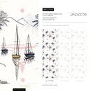 Coastal Wallpaper Featuring Sailboats and Palm Trees in Navy Blue, Beige, and Pink - D095