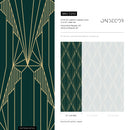 Art Deco Wallpaper with a Geometric Fan Motif in Green and Gold - D243