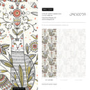 Folk Art Wallpaper with Illustrated Cats and Birds in Red, Green, and Black - D293