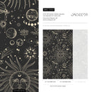 Celestial Wallpaper with Sun and Moon Motifs in Black and Gold - D342