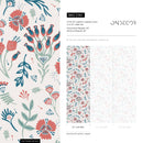 Floral Wallpaper with Folk Art Birds and Blooms in Red, Teal, and Green - D361