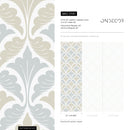 Damask Wallpaper with a Stylized Leaf Motif in Light Blue and Beige - D190