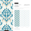 Damask Wallpaper with an Intricate Motif in Blue, Beige, and Cream - D230