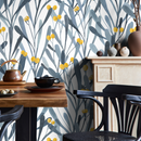Botanical Wallpaper with Stylized Berries and Leaves in Blue and Yellow - X059