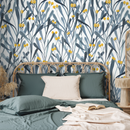 Botanical Wallpaper with Stylized Berries and Leaves in Blue and Yellow - X059
