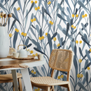 Botanical Wallpaper with Stylized Berries and Leaves in Blue and Yellow - X059