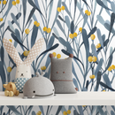 Botanical Wallpaper with Stylized Berries and Leaves in Blue and Yellow - X059