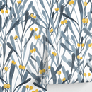Botanical Wallpaper with Stylized Berries and Leaves in Blue and Yellow - X059