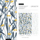 Botanical Wallpaper with Stylized Berries and Leaves in Blue and Yellow - X059