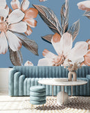 Modish Blue Wallpaper with White Flowers