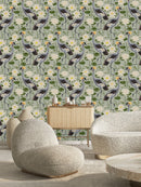Grey Wallpaper with Flowers and Birds