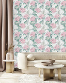 Voguish White Wallpaper with Pink Flowers Tasteful