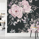 Modish Modern Dark Wallpaper with Pink Flowers